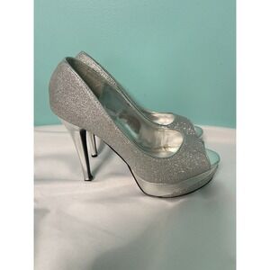 Silver Glitter Heels Size 7.5 Platform, Formal, Evening Wear